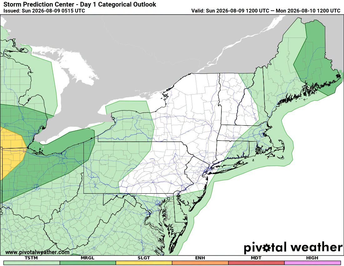 May be an image of map and text that says 'Storm Prediction Center Day 1 Categorical Outlook Issued: Sun 2026-08-09 0515 TC Valid: Sun 2026-08-09 2026- 1200 T- Mon 2026-08-10 1200 UTC www. pivotalv ww.pivotalweather.com eather pivotalweather TSTM MRGL SLGT ENH pivotal weather MDT HIGH'