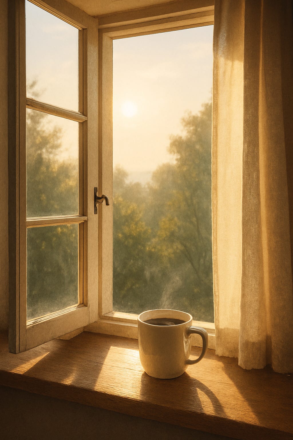Morning light spilling across the floor; coffee mug nearby—hinting at light → protein → coffee