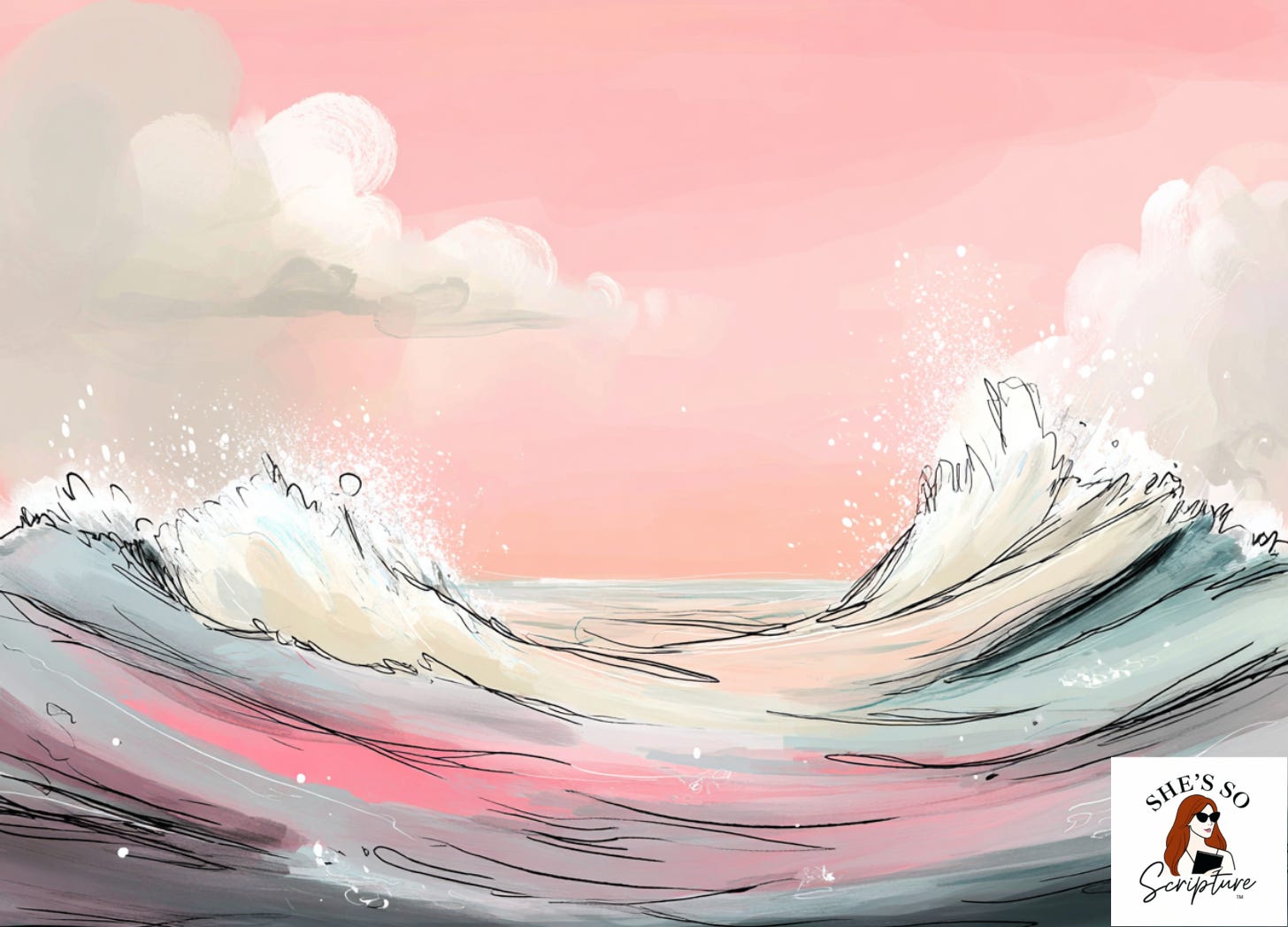 Abstract watercolor illustration of stormy waters with warm blush pink and golden light gathering on the surface, deep plum and cream tones