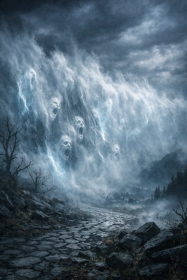 Mist wall surrounding Barovia, towering barrier of swirling fog and ghostly light encircling the valley