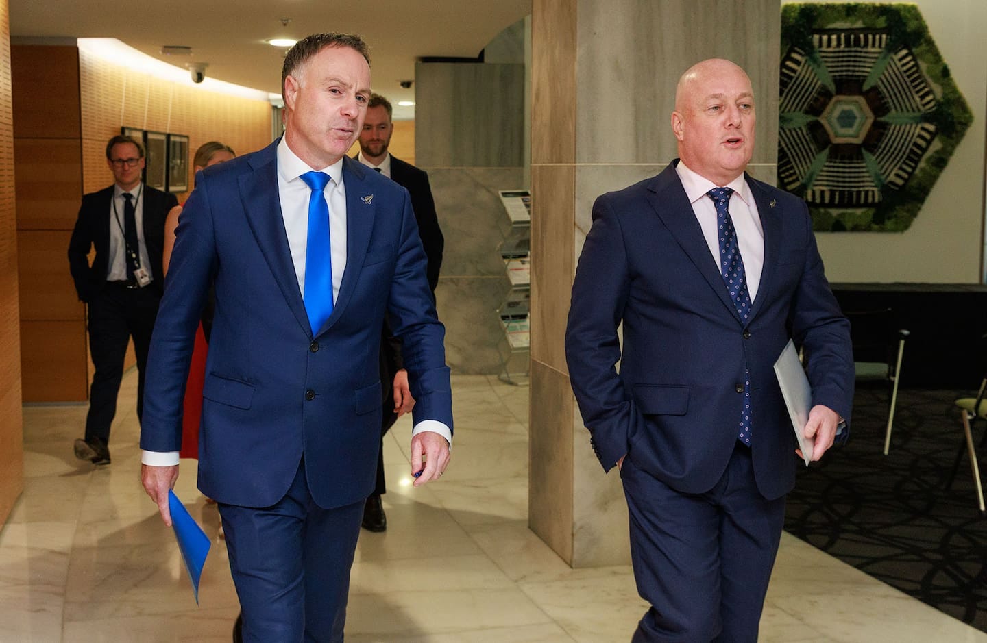 Prime Minister Christopher Luxon and Local Government Minister Simon Watts walk into their press conference. Photo / Mark Mitchell 
