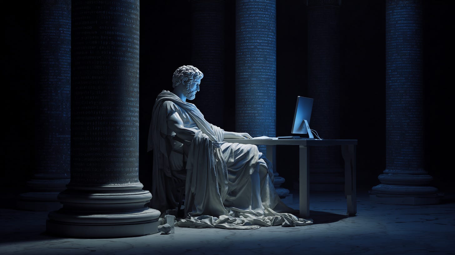 A Roman philosopher in draped marble-white robes seated calmly at a minimal modern desk,