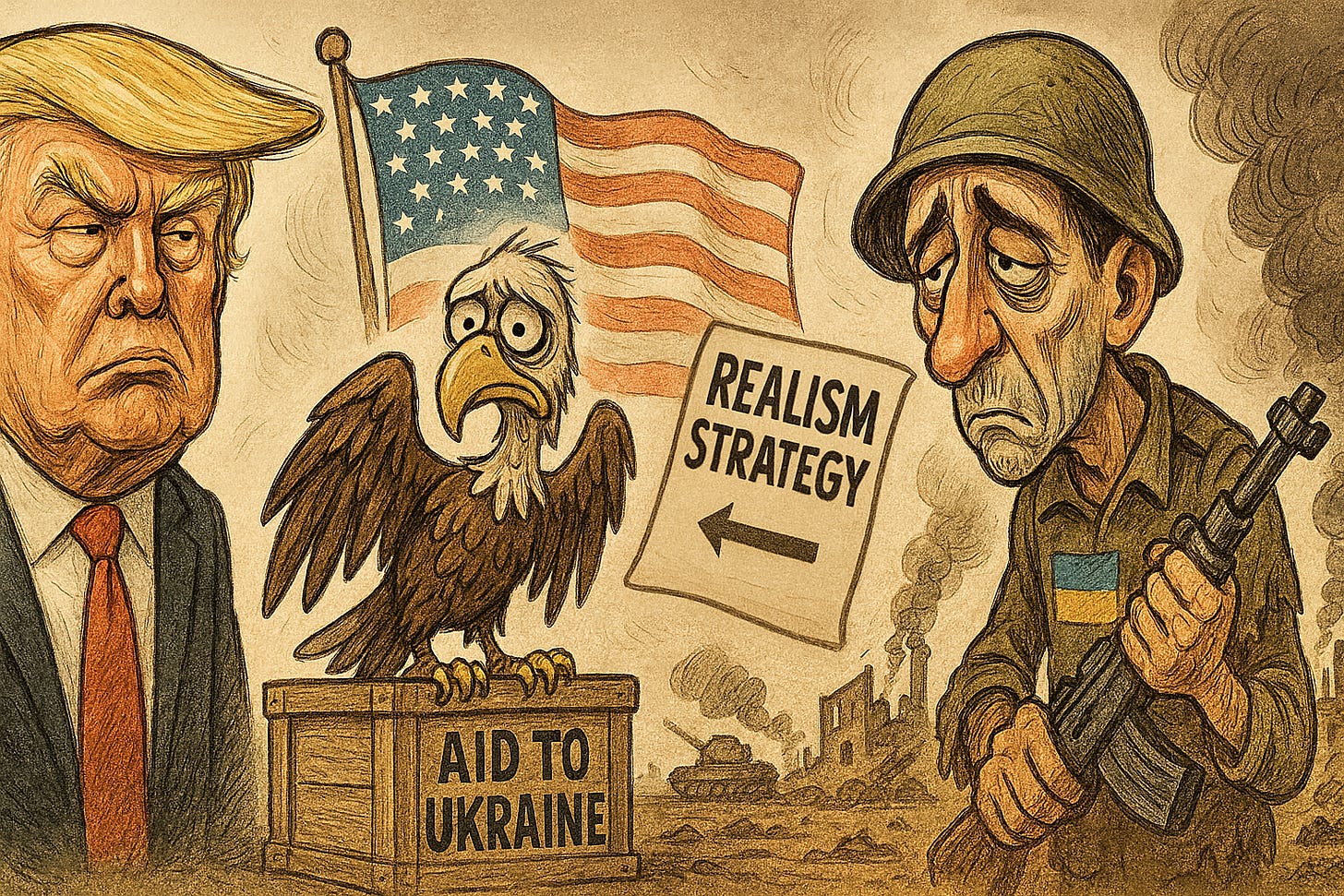 Political cartoon by OpenAI DALL·E shows Donald Trump with a stern expression beside a distressed bald eagle perched on a crate labeled “Aid to Ukraine,” with a Ukrainian soldier holding a rifle amid a smoky, war-torn backdrop. A sign reading “Realism Strategy” with a left-pointing arrow symbolizes a strategic policy shift.