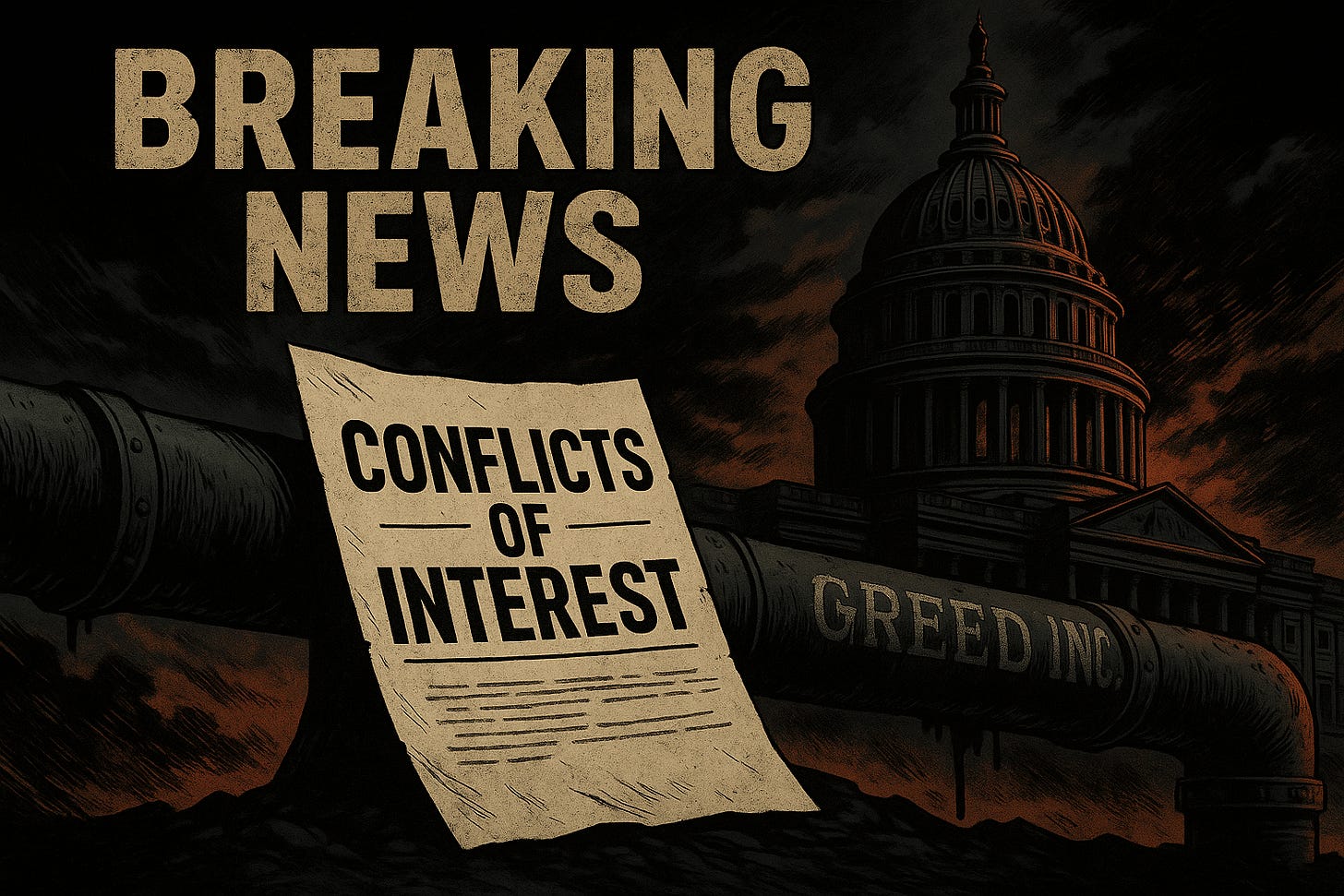 Alt text: A dark, cinematic illustration of the Iowa State Capitol under stormy skies, rendered in graphic-novel style. In the foreground, a corroded industrial pipeline leaks black oil onto a desk covered with documents titled “CONFLICTS OF INTEREST.” Faintly engraved on the pipe are the Latin words “GREED INC,” symbolizing corporate greed and corruption. The Capitol’s golden dome glows faintly through smoke, contrasting with the shadows and sepia-toned palette of deep greens, golds, and muted oranges.