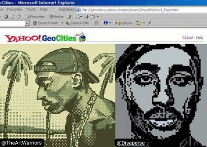 Screenshot of an Internet Explorer window circa 1996 showcasing a 2pac fan site hosted on GeoCities
