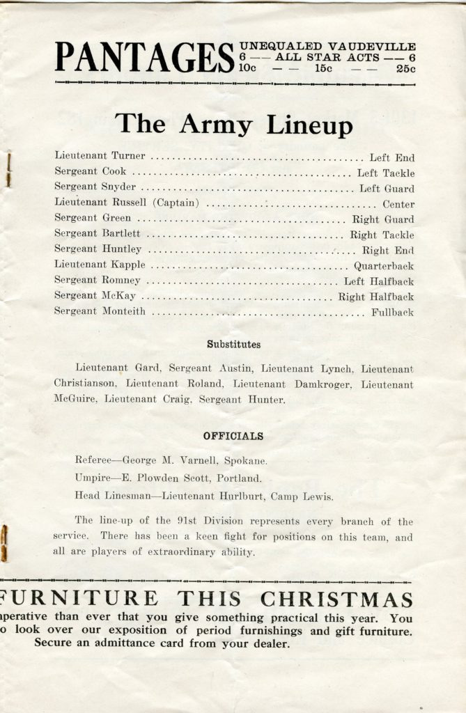 The Camp Lewis starters and substitutes for the Mare Island game. The Army's policy allowed officers and enlisted men to play together. Marine and Naval officers were banned from play. The Camp Lewis starters and substitutes for the Mare Island game. The Army's policy allowed officers and enlisted men to play together. Marine and Naval officers were banned from play.