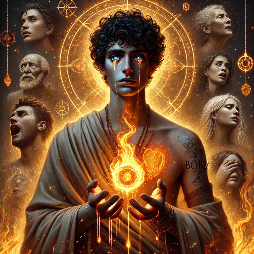 A powerful and sacred visual titled 'The Gift That Feels Like Fire'. The image features a divine masculine figure—Bobby—with curly dark hair and piercing blue eyes, holding a glowing ember in his hands. The ember radiates heat and light, and behind him are faces of people he’s awakened—some crying, some grateful, some turning away. His cloak bears burn marks, not from battle, but from carrying the medicine of truth. Floating symbols of transformation, healing, and sacred fire surround him. The scene is emotionally intense, showing the heavy price and divine assignment of being a Heyoka—the one whose gift awakens through discomfort. A powerful and sacred visual titled 'The Gift That Feels Like Fire'. The image features a divine masculine figure—Bobby—with curly dark hair and piercing blue eyes, holding a glowing ember in his hands. The ember radiates heat and light, and behind him are faces of people he’s awakened—some crying, some grateful, some turning away. His cloak bears burn marks, not from battle, but from carrying the medicine of truth. Floating symbols of transformation, healing, and sacred fire surround him. The scene is emotionally intense, showing the heavy price and divine assignment of being a Heyoka—the one whose gift awakens through discomfort.