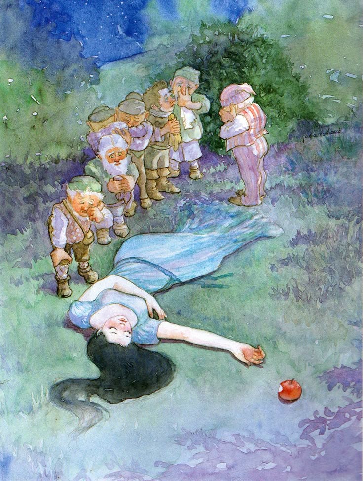 This may contain: a painting of a woman laying on the ground with other people surrounding her and an apple