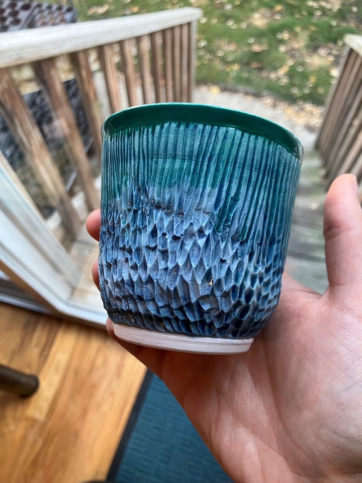 Two images of a carved cup with foot in a hand in front of a sliding glass door. The cup is blue-green.