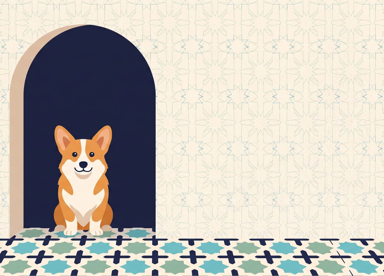 Illustrated corgi sitting in a navy arched doorway above a teal and sage tile floor. Illustrated corgi sitting in a navy arched doorway above a teal and sage tile floor.