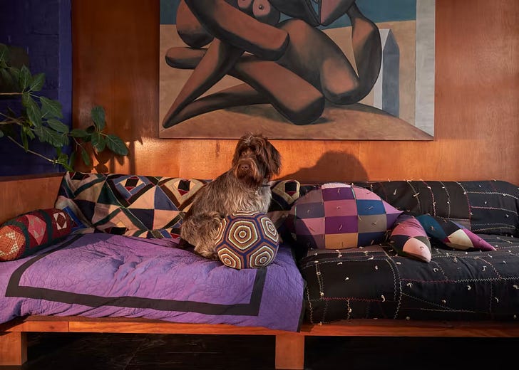 The couple’s dog Monday on their custom-built Bode sofa at home © Martien Mulder