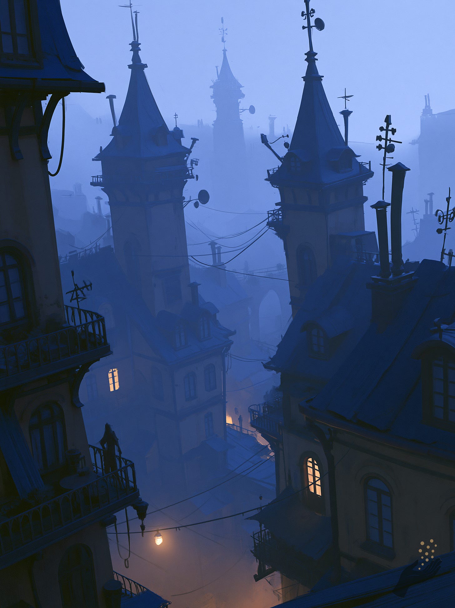 A painterly twilight scene of an old European street in deep blue tones. Tall gothic spires lean against a dusk sky, a few windows glow softly, and a single warm streetlamp lights the empty lane below.