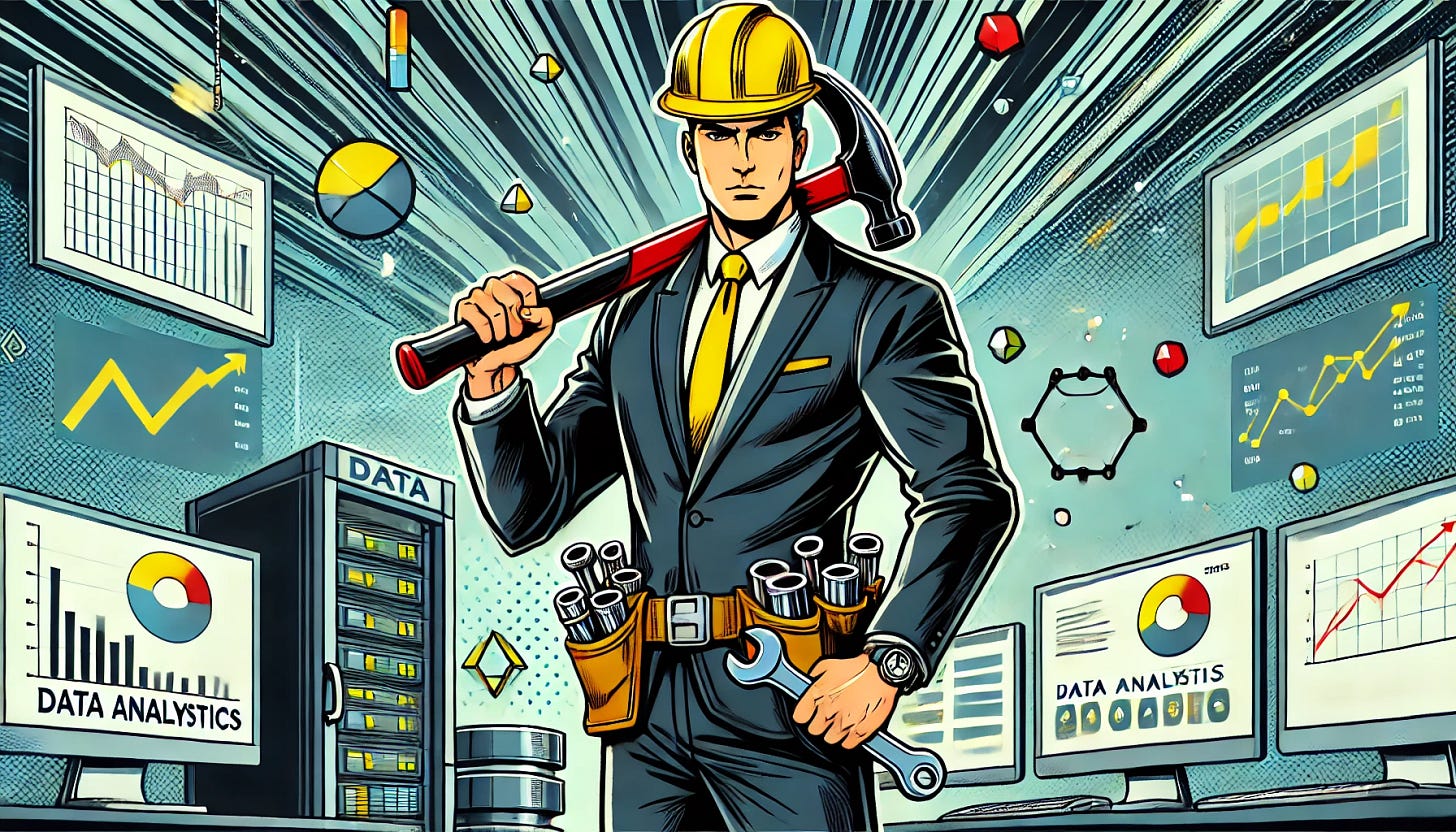 Comic book-style illustration of a strong data engineer in a modern data analytics office. He is wearing a sleek dark business suit with a bright yellow safety helmet. He holds a heavy hammer in one hand and a metallic wrench in the other. The scene is bold and whimsical, using flat colors and thick black outlines. The office has computer monitors showing charts and graphs, digital dashboards, glowing code lines, and stacks of servers. The engineer stands confidently, surrounded by floating data points and swirling digital effects, creating a dynamic and heroic atmosphere.