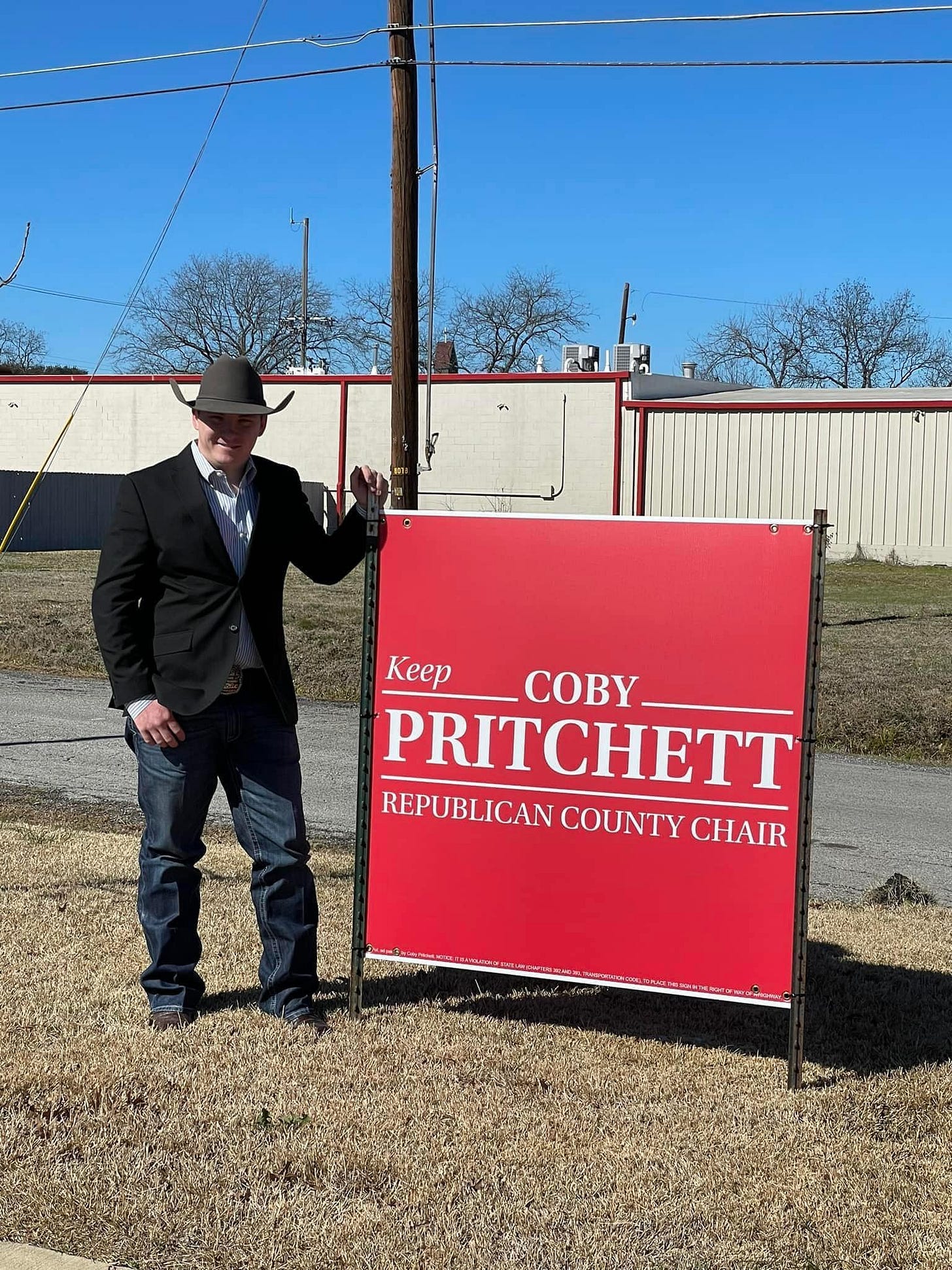 May be an image of 1 person, outdoors and text that says 'Keep _COBY PRITCHETT REPUBLIC COUNTY CHAIR'
