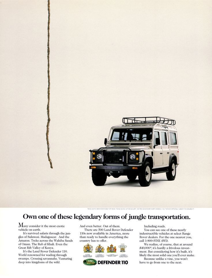 This may contain: an advertisement for land rover's defender station wagon from the 1970 advertisment