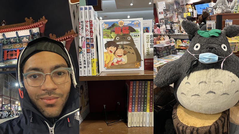 A picture of me standing in front of the Seattle International District’s gateway; some books (manga?) from the store I checked out; a giant stuffed Totoro