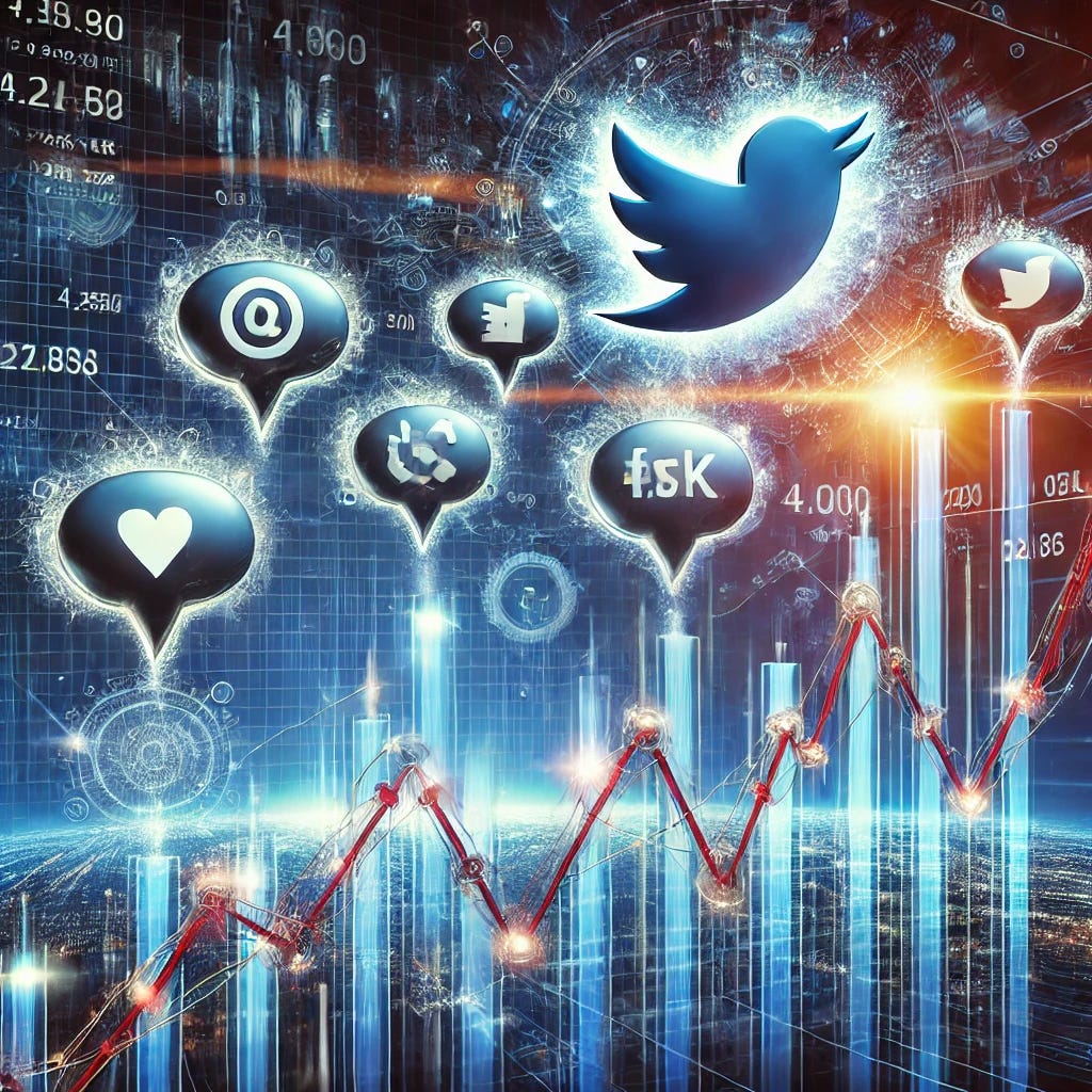 A conceptual illustration depicting the influence of social media on stock market fluctuations. The image includes a stylized Twitter logo sending out speech bubbles with financial symbols. These bubbles connect to a fluctuating stock market graph with sharp rises and drops. The stock chart has a glowing effect, emphasizing its impact. A digital background of financial graphs, algorithmic trading patterns, and abstract tech elements creates a futuristic and high-tech atmosphere.