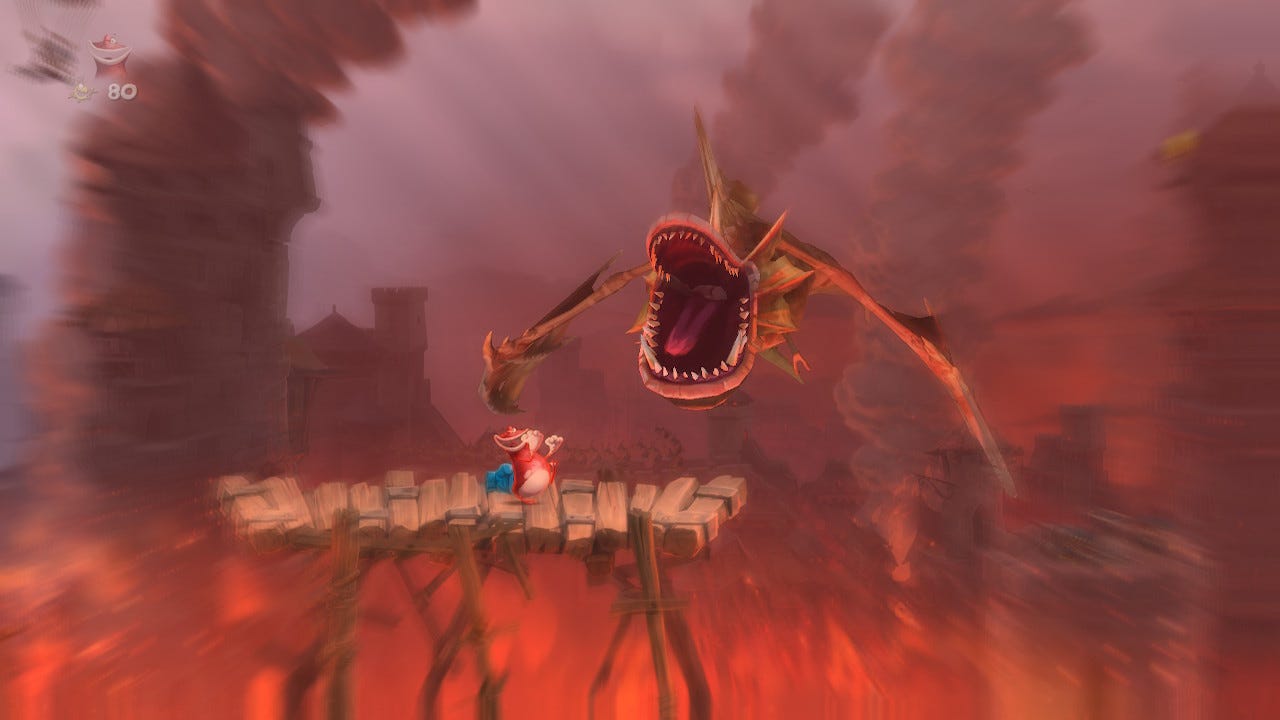 (Red) Globox squares off against a dragon, which roars so loudly it distorts the screen.