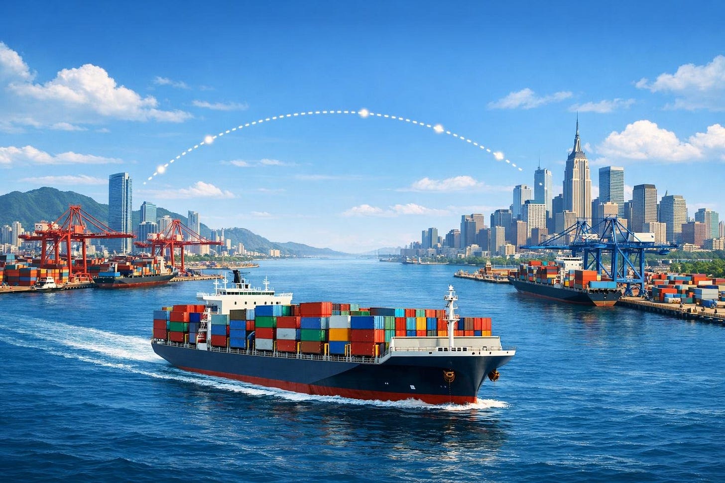 A cargo ship sailing across the ocean between a Chinese port city and an American city with shipping containers and port cranes.