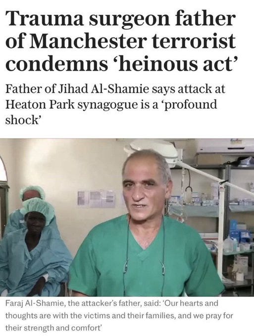 A man in green surgical scrubs standing in an operating room, with medical equipment and another person in scrubs visible in the background. Text overlay includes "Trauma surgeon father of Manchester terrorist condemns \'heinous act\'" and quotes from Faraj Al-Shamie.
