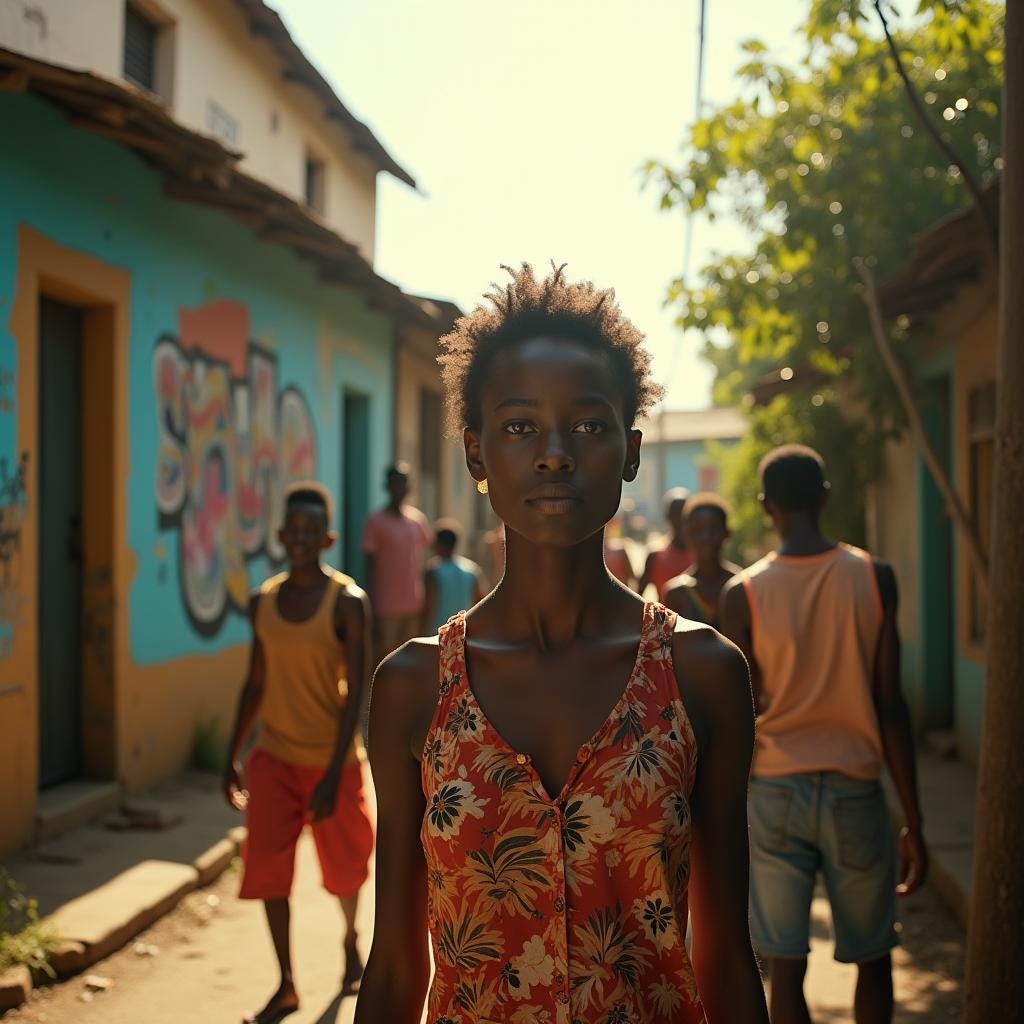 bustling ghetto scene with vibrant beautiful black Jamaican people going about their daily lives, warm sun casting long shadows