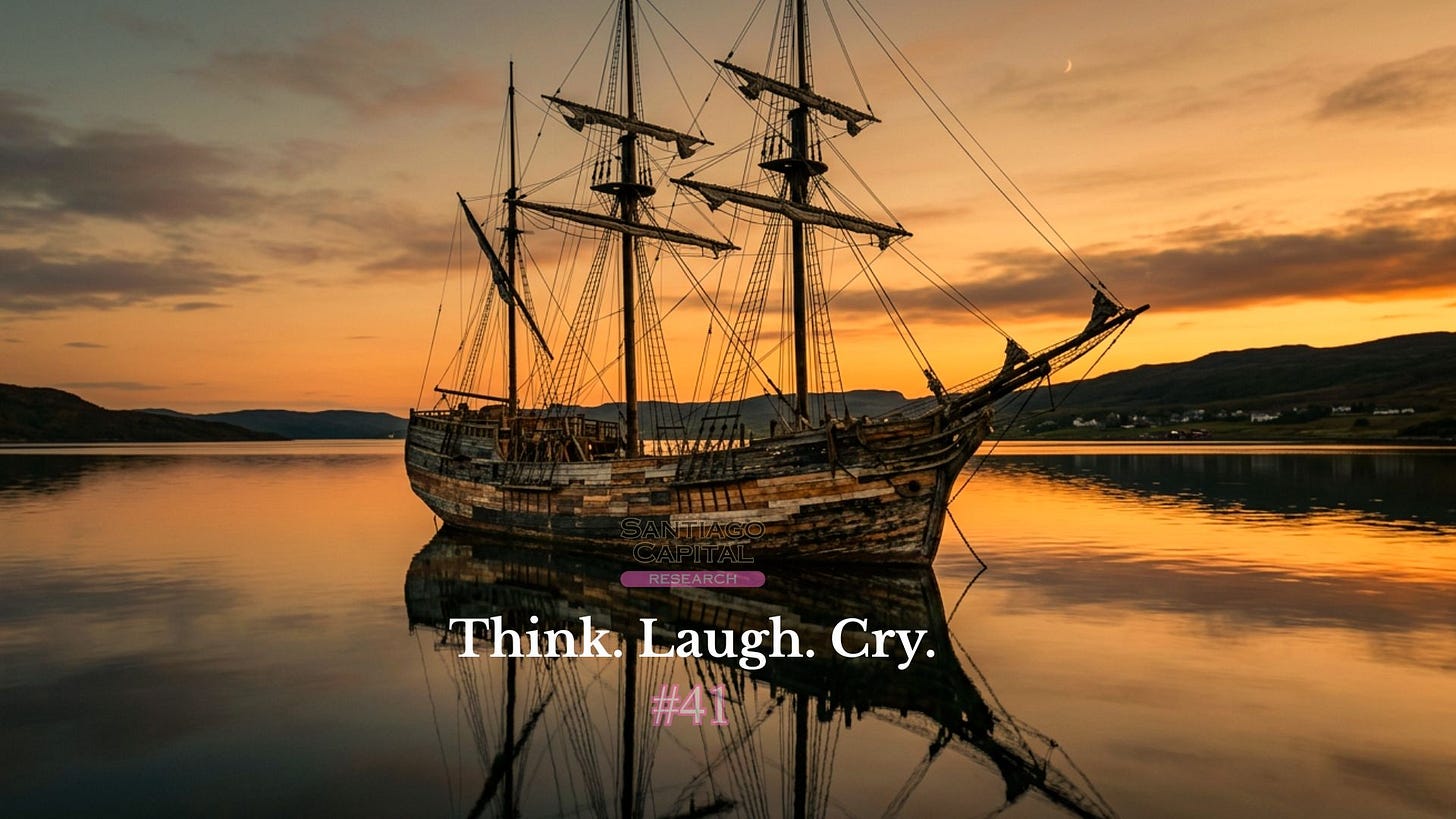 Historic sailing ship with three masts anchored in calm waters at golden sunset