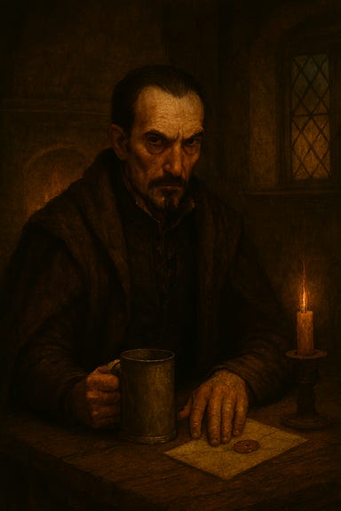 Ernst Larnak in the Blue Water Inn from Curse of Strahd. He is a man in his late forties, soft-spoken and insidious by design. He wears pale gloves and a charcoal coat that whispers wealth but folds into shadow. He sits alone at a corner table in the taproom, untouched glass before him, watching the room with razor-sharp attention. The firelight flickers nearby, casting long shadows. The mood is quiet, eerie, and tense. Ernst Larnak in the Blue Water Inn from Curse of Strahd. He is a man in his late forties, soft-spoken and insidious by design. He wears pale gloves and a charcoal coat that whispers wealth but folds into shadow. He sits alone at a corner table in the taproom, untouched glass before him, watching the room with razor-sharp attention. The firelight flickers nearby, casting long shadows. The mood is quiet, eerie, and tense.