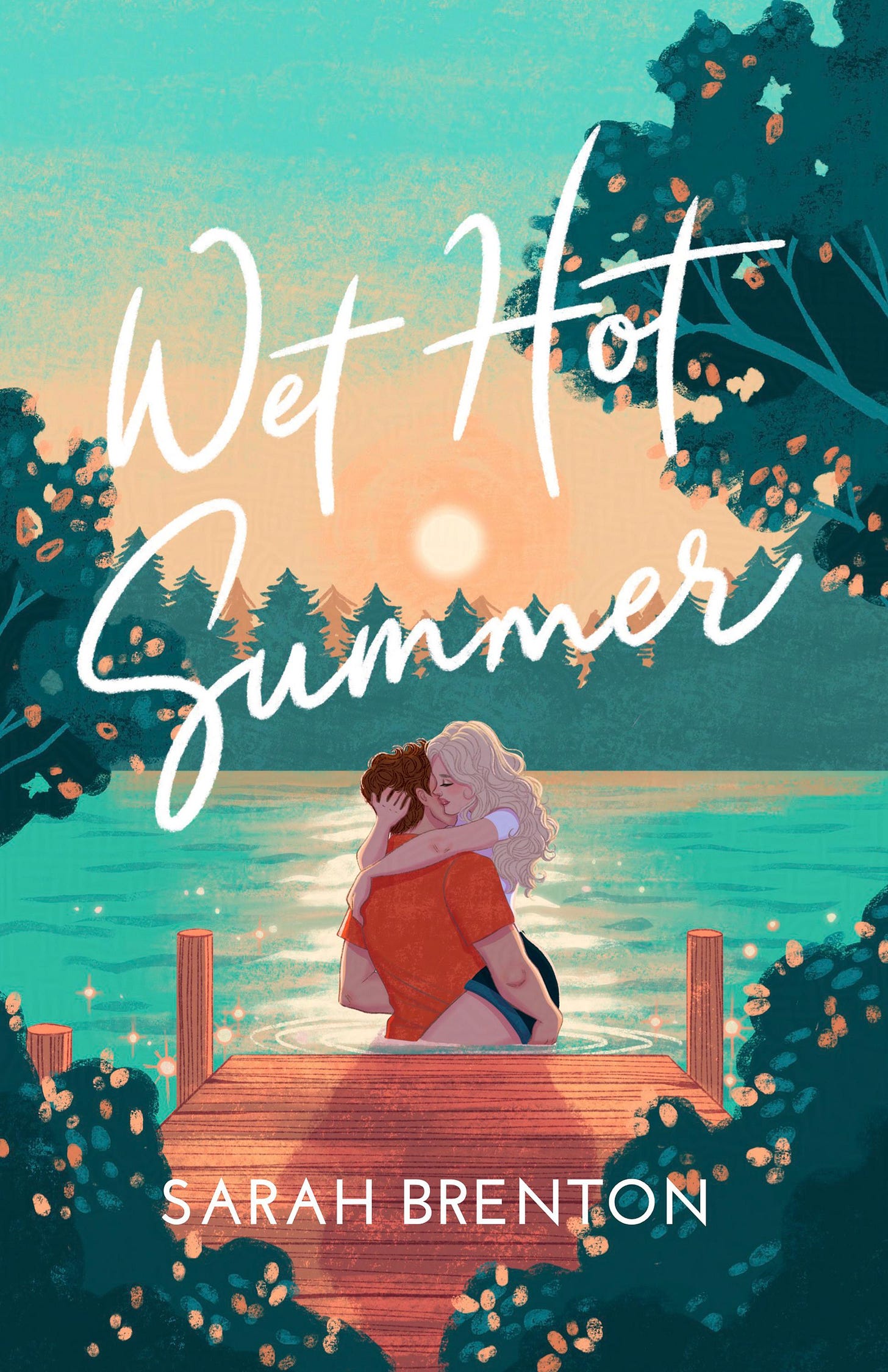 Book Cover illustrated by Leni Kauffman. Title is Wet Hot Summer, written in white script. The image is of a white man with brown hair embracing a white blonde woman in a lake off the end of a dock, surrounded by forest and a setting sun. The color palette is oranges and teals.