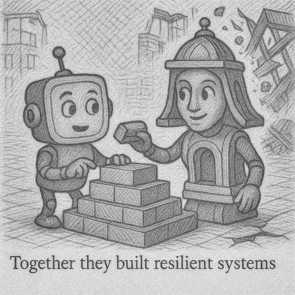 Pencil sketch of male AI character waving warning flags while woman ignores him, focusing on dashboard with foundation cracks below