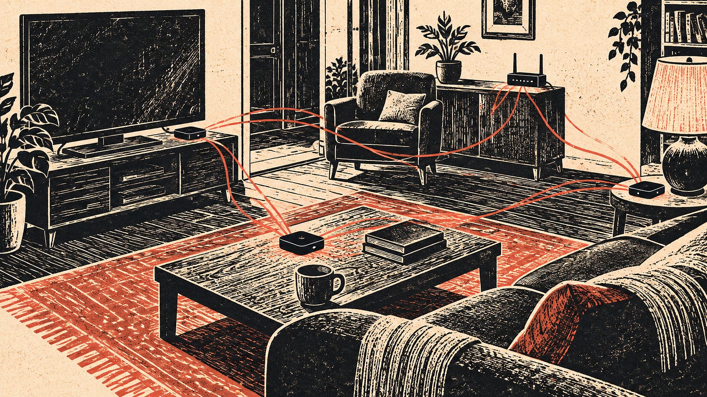 Living-room illustration with a television, router and small devices connected by red lines.