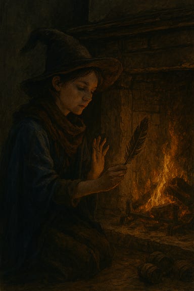 Arabelle from Curse of Strahd, visually based on Cailee Spaeny, performing a ritual at the fireplace inside the Martikov cellar. She is kneeling on the stone floor, pressing a raven feather into a spiral of ash. Her cloak pools around her, and mist curls upward from the hearth. The firelight casts flickering shadows on her face, which is calm and eerie, half childlike and half ancient. Around her are cracked barrels, wine-stained stone, and the faint outline of a raven perched nearby. Arabelle from Curse of Strahd, visually based on Cailee Spaeny, performing a ritual at the fireplace inside the Martikov cellar. She is kneeling on the stone floor, pressing a raven feather into a spiral of ash. Her cloak pools around her, and mist curls upward from the hearth. The firelight casts flickering shadows on her face, which is calm and eerie, half childlike and half ancient. Around her are cracked barrels, wine-stained stone, and the faint outline of a raven perched nearby.