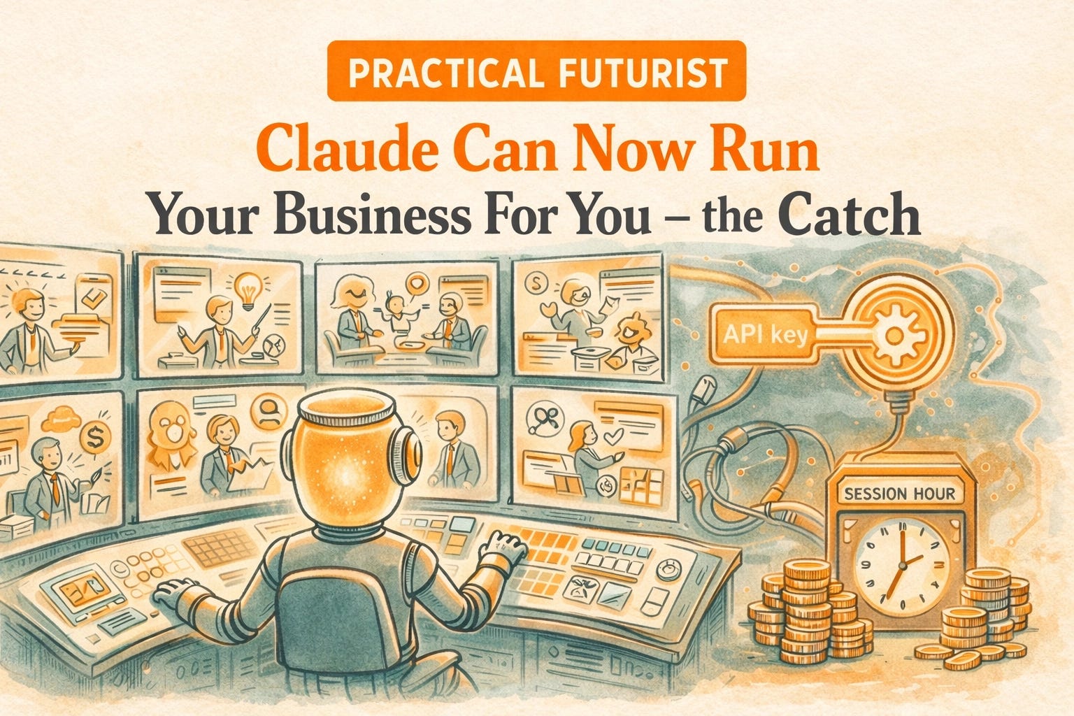 A confident mascot holding a SaaS blueprint and wrecking ball in front of Claude Managed Agents server infrastructure, suggesting AI is about to demolish legacy software stacks.