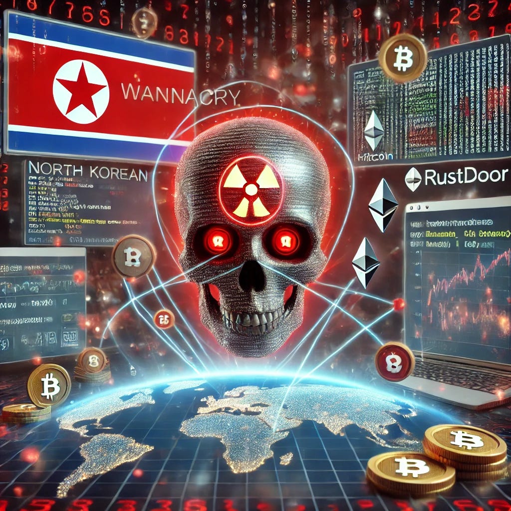 A 3D digital scene of North Korean cyber operations featuring WannaCry ransomware and cryptocurrency attacks. In the center, a large holographic skull with red warning symbols represents the destructive nature of the WannaCry ransomware. Around it are floating 3D screens showing Bitcoin and Ethereum transactions, cryptocurrency exchange data, and RustDoor malware code running on a laptop. A digital map of the world is shown with lines and glowing nodes connecting global targets. In the background, a North Korean flag is subtly integrated into the digital space, symbolizing state-backed cybercrime. The image includes cryptic number streams flowing between different elements to represent financial theft.