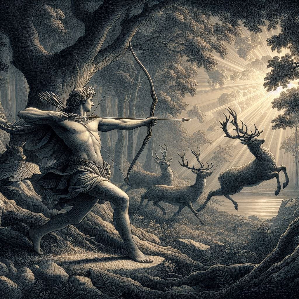 The God Apollo Shooting an Arrow at a deer in a mystic forest. Renaissance engraving art style