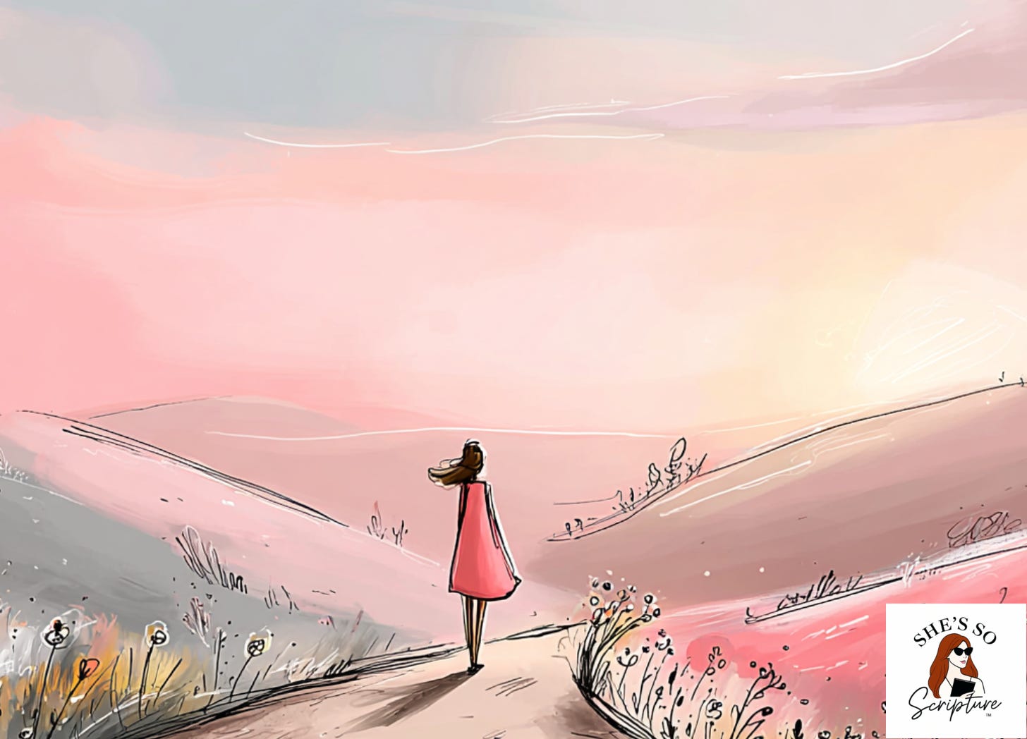 Illustration of a woman walking alone on a winding path at sunrise with soft golden light and gentle hills in the distance.