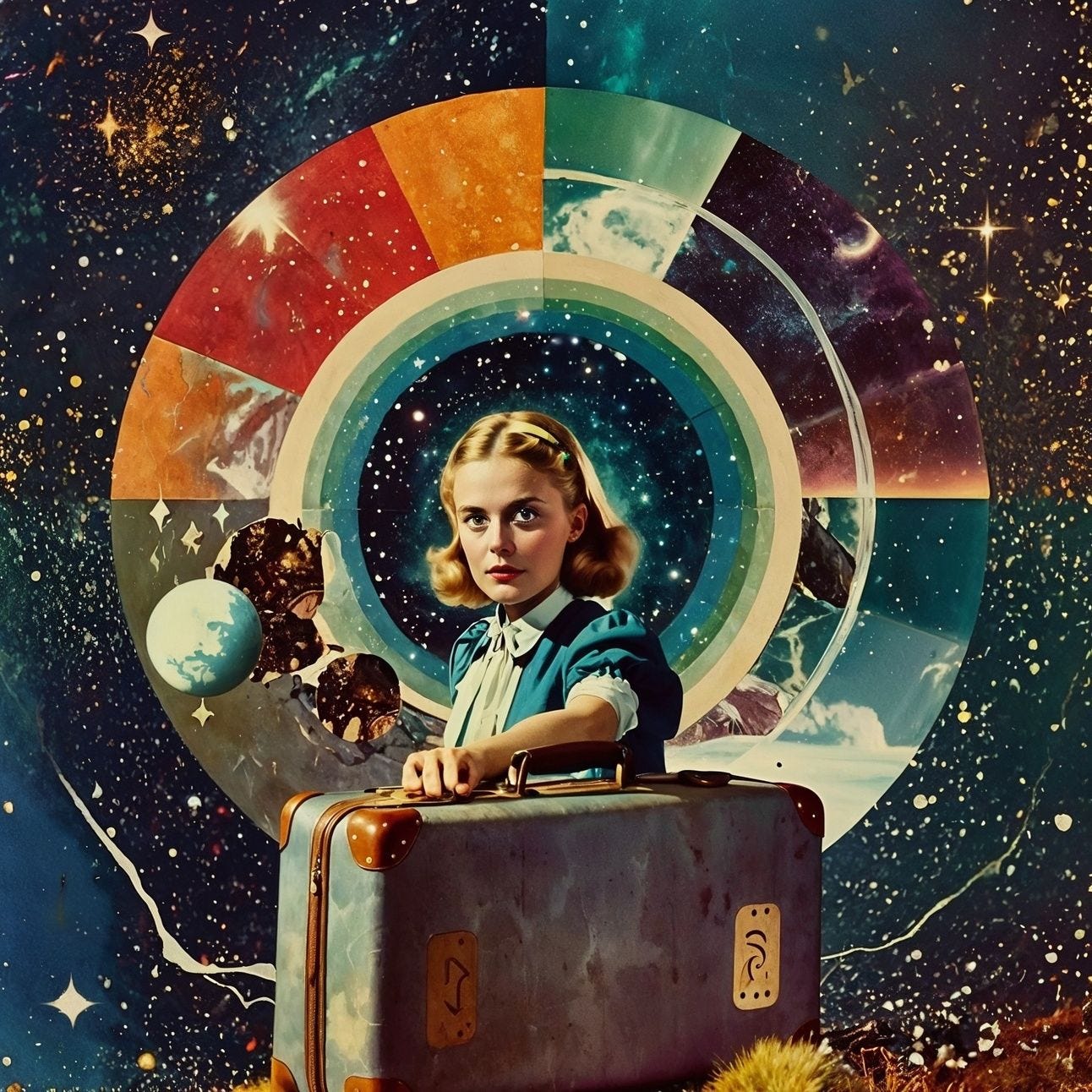 A surreal digital painting of a young woman holding a vintage suitcase, seated in front of a cosmic clock-like circle, surrounded by vibrant celestial colors and abstract patterns.