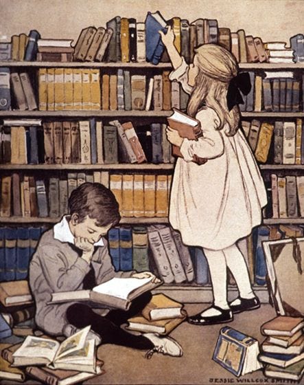 This may contain: an advertisement for children's book week with two children reading in front of bookshelves This may contain: an advertisement for children's book week with two children reading in front of bookshelves