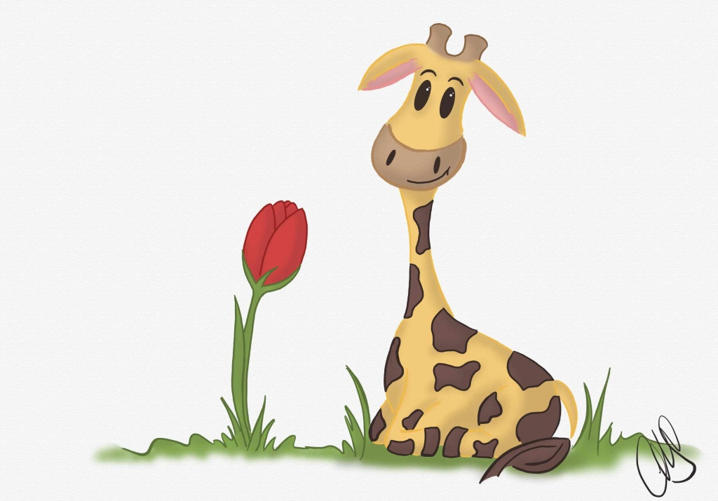 digital drawing of a cartoon giraffe named Gigi sitting on the grass with a red tulip growing next to her.