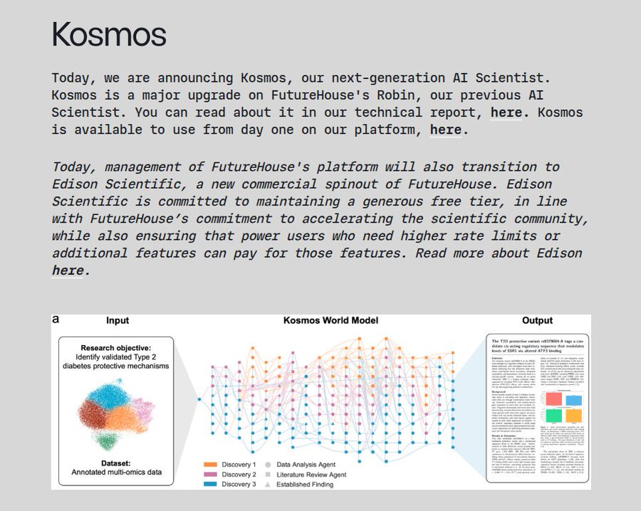 Diagram titled Kosmos showing input of diabetes research mechanisms leading to Kosmos world model processing with colorful nodes for data analysis agent platform including discovery established finding dataset and output of auditable report with sections for input world model and output Diagram titled Kosmos showing input of diabetes research mechanisms leading to Kosmos world model processing with colorful nodes for data analysis agent platform including discovery established finding dataset and output of auditable report with sections for input world model and output
