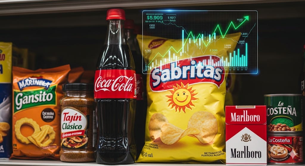 Productos de consumo diario en una tienda con gráficos financieros que simbolizan el impacto del IEPS en el precio final.