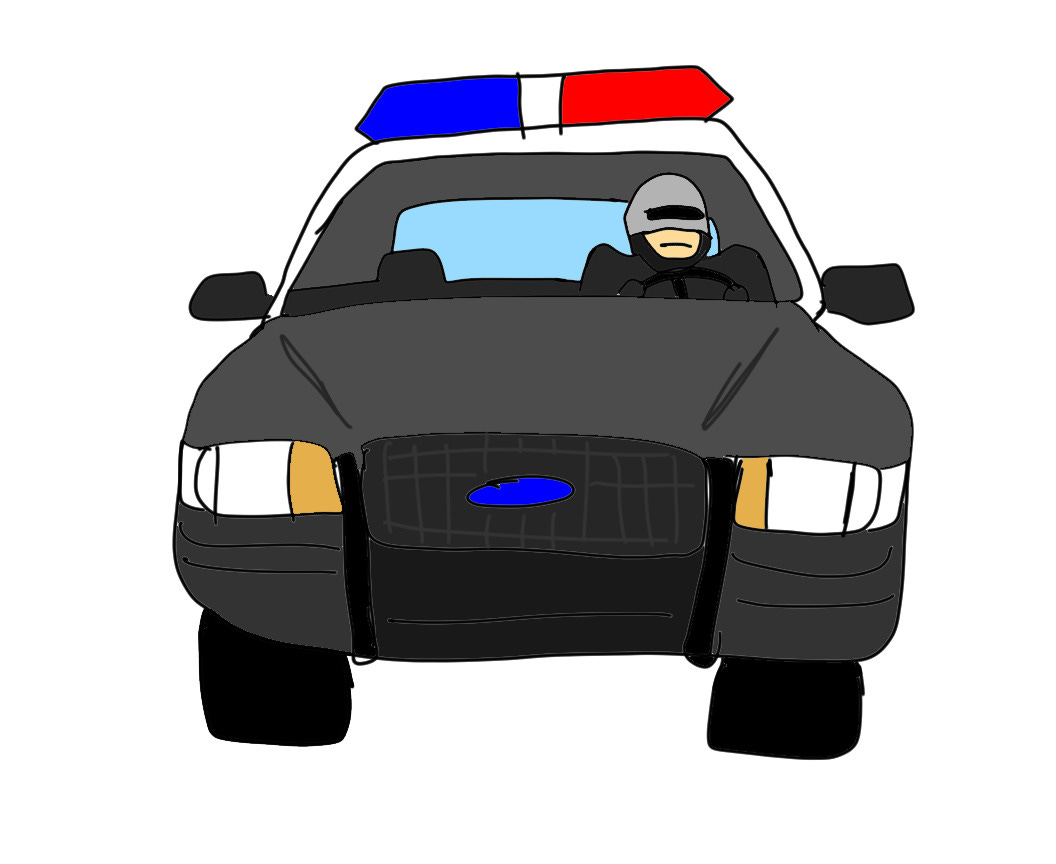 Robocop drives a police car.
