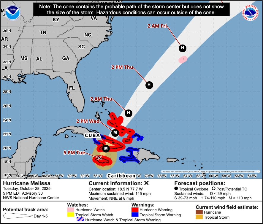 Forecast track for Hurricane Melissa at 5 p.m. EDT October 28, 2025, showing a major hurricane near eastern Cuba moving north-northeast toward the Bahamas and the western Atlantic by Friday. Red areas indicate hurricane warnings, blue show tropical storm warnings, and pink show hurricane watches.