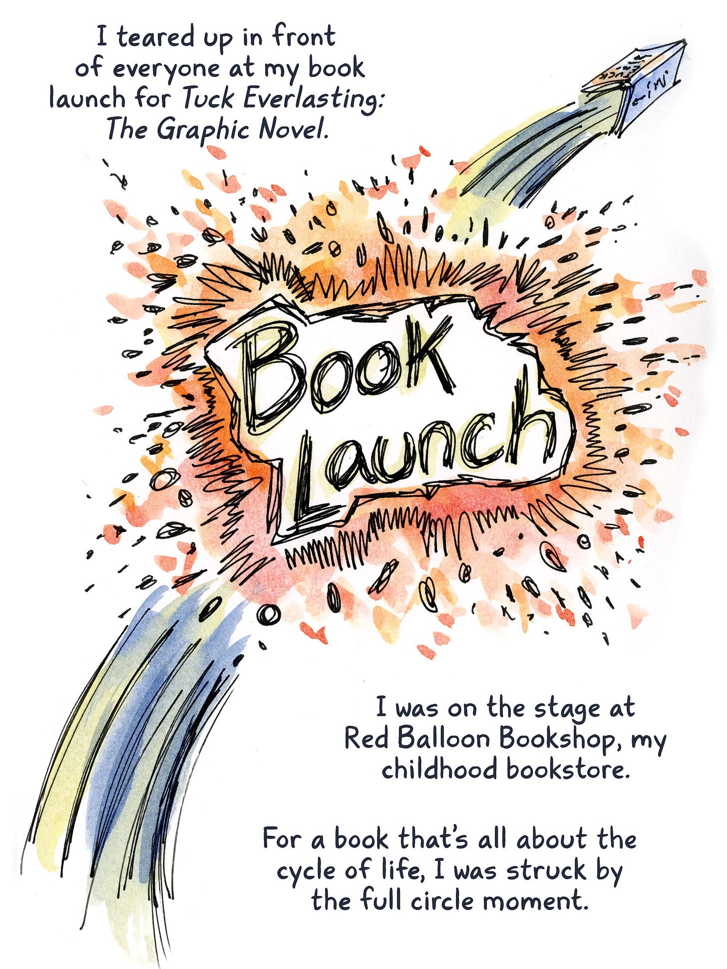 Watercolor comic page by graphic novelist K. Woodman-Maynard about her book launch of her graphic novel adaptation of Tuck Everlasting. 