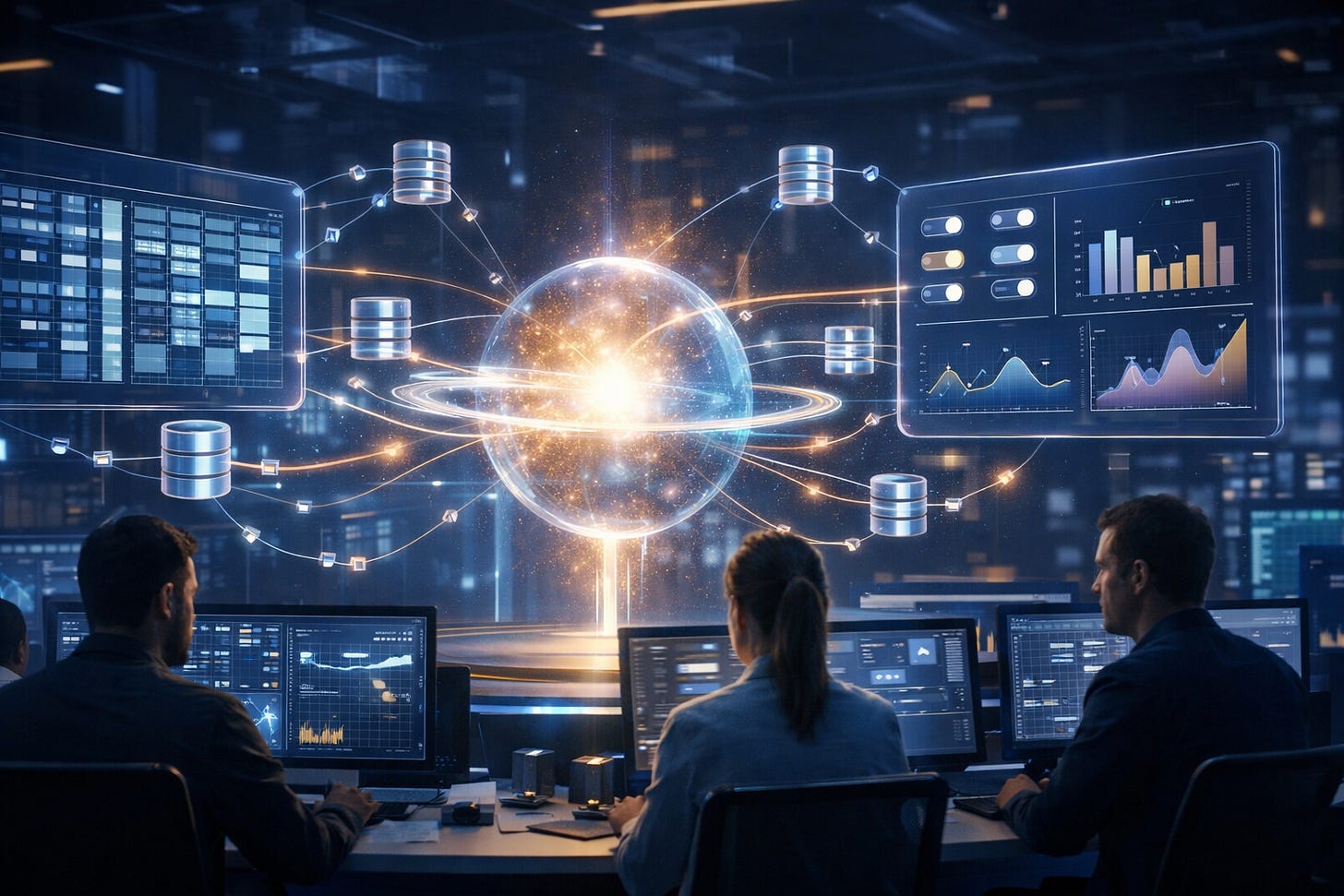 Technicians monitor a glowing data sphere and digital dashboards in a futuristic command center. Technicians monitor a glowing data sphere and digital dashboards in a futuristic command center.