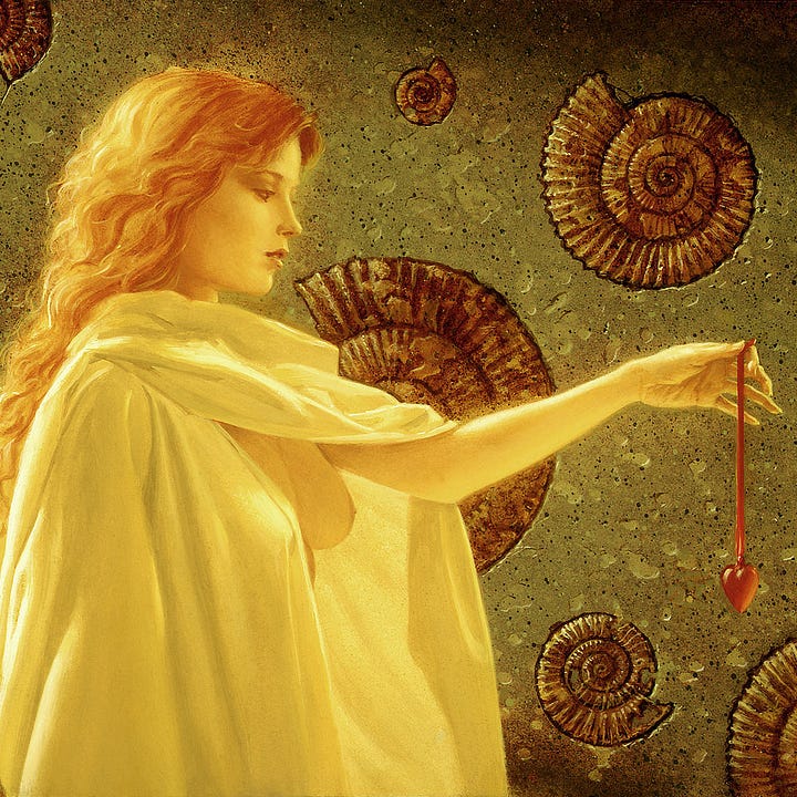 LEFT: Detail from PRUDENCE II featuring a woman holding at arm's length a red glass heart dangling on a ribbon. Her figure is wrapped in white fabric that parts at the front to expose her left breast. Her red hair catches light from behind seeming to glow while her face depicted in profile is fixed in contemplation. RIGHT: Close detail from PRUDENCE II featuring a red glass heart dangling from a ribbon held between thumb and forefinger of a woman’s hand. The background wall is a chipped olive stone decorated with brown ammonite fossils in relief.