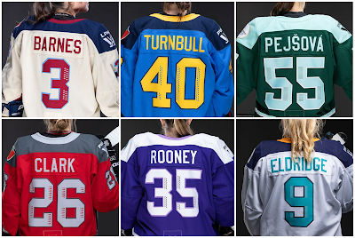 Jersesy numbers for PWHL teams. Top row: Montréal Victoire, Toronto Scepters, Boston Fleet. Bottom row: Ottawa Charge, Minnesota Frost, New York Sirens