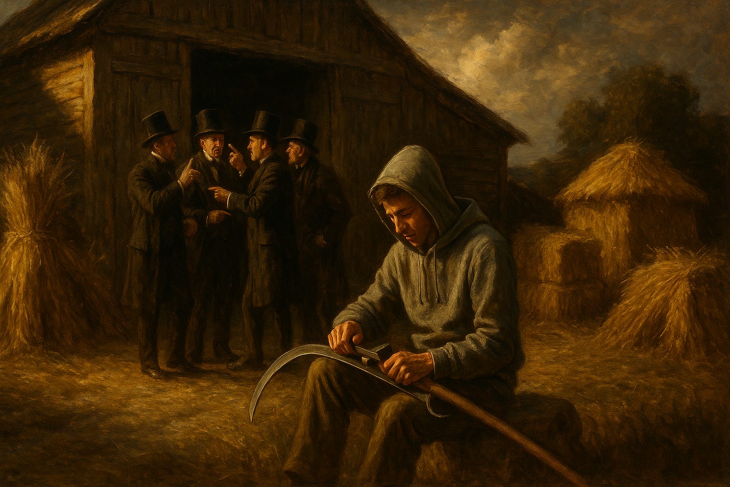 A young man in a modern hoodie sharpens a scythe in a 19th-century farmyard while top-hatted gentlemen argue at the entrance of a wheat granary, oil painting.