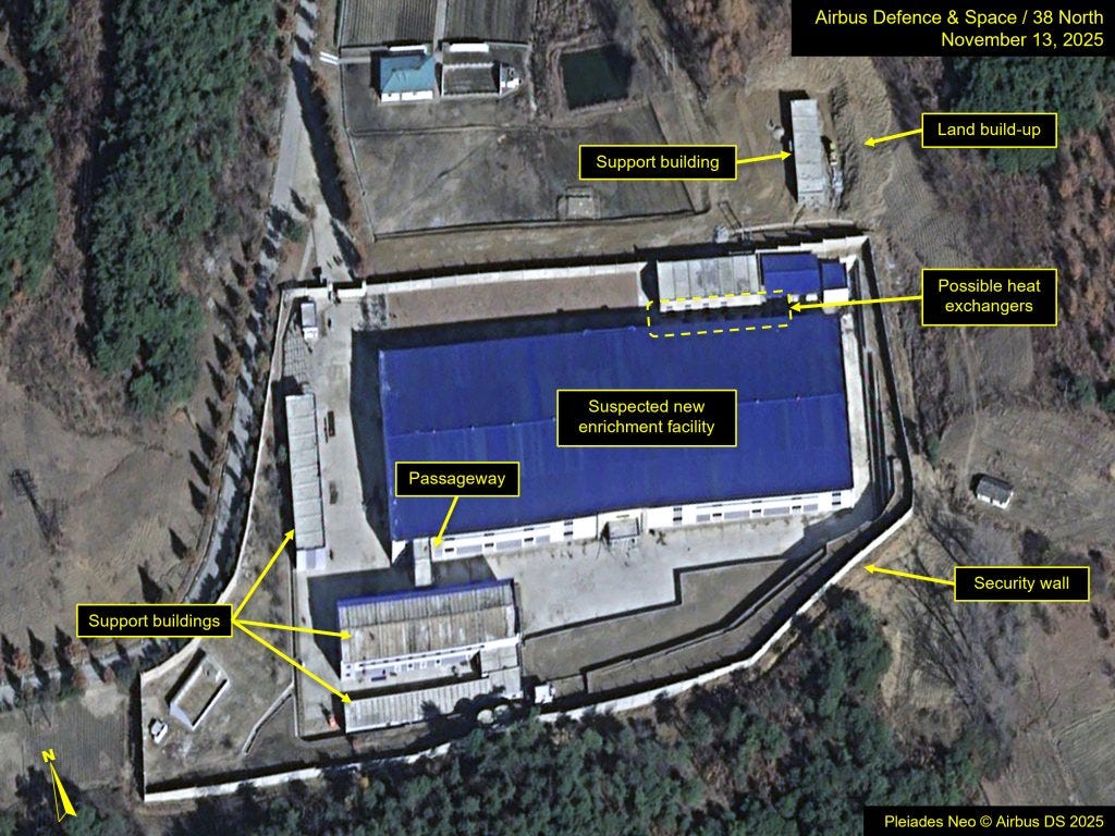 Annotated satellite image of buildings and construction at a suspected uranium enrichment facility at Yongbyon.