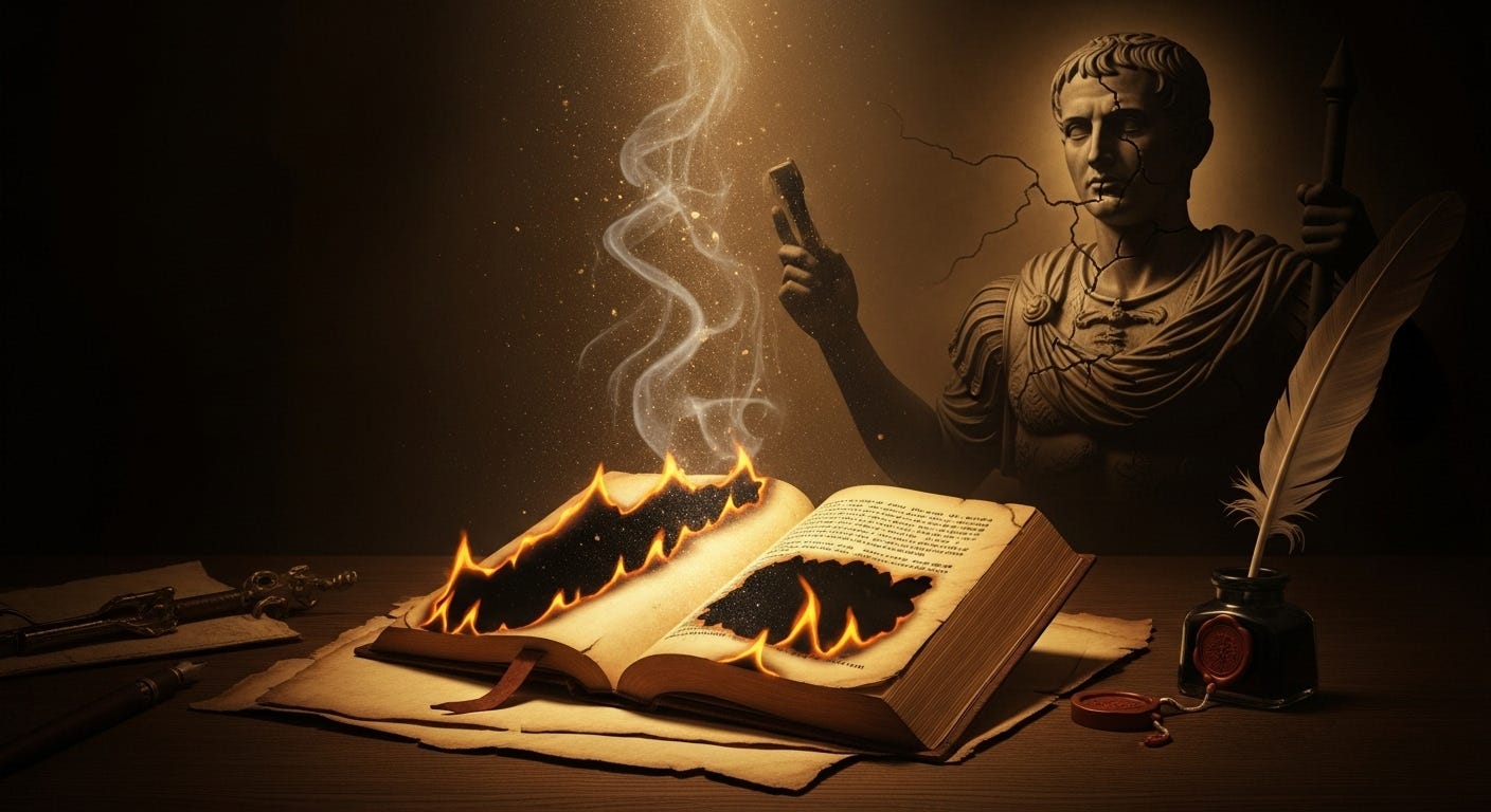 An ancient Bible on a smoky desk, its pages partly burned and censored, illuminated by a single beam of light with a Roman statue in shadow behind it.