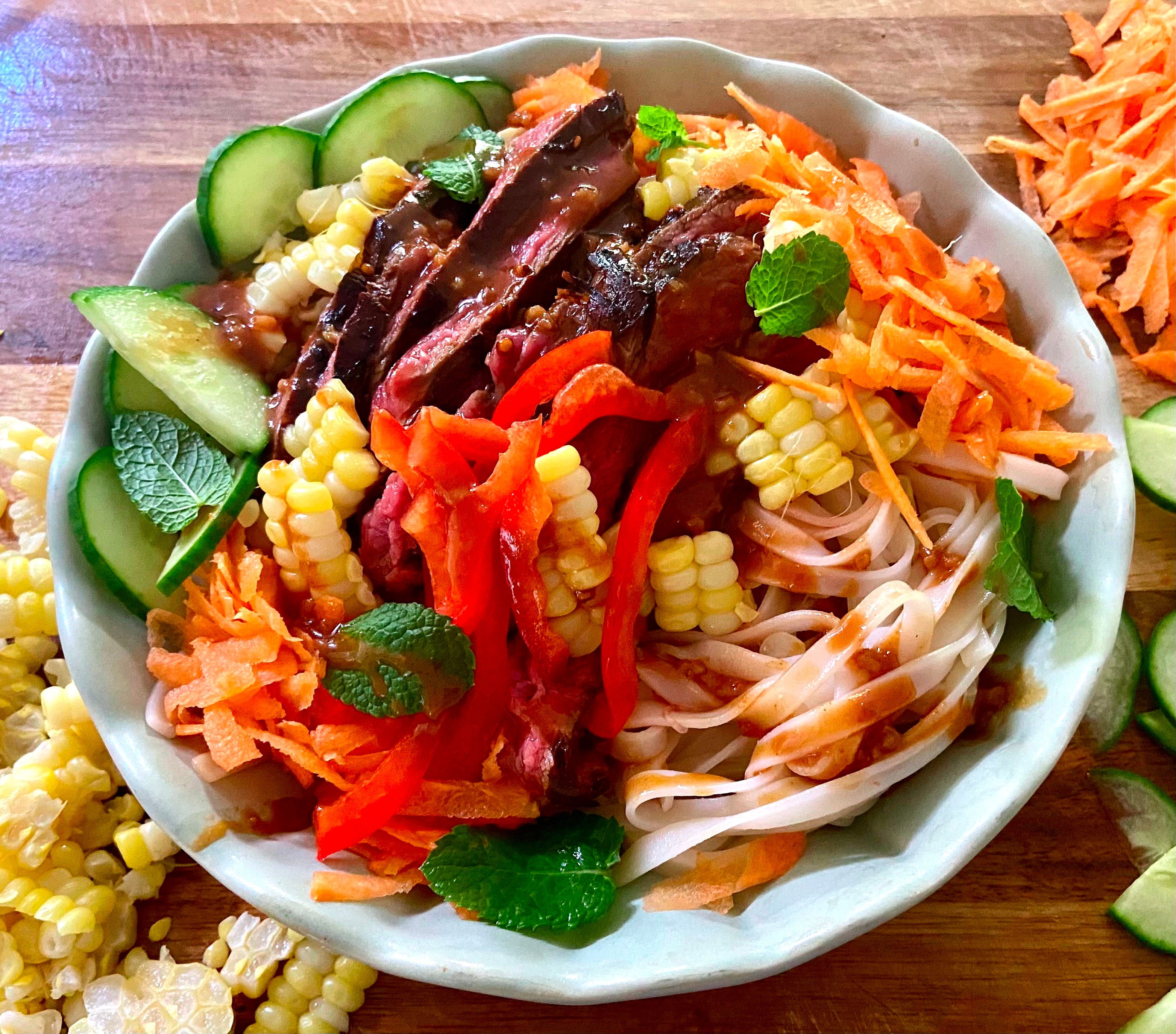 gordon ramsay green beans with chili peanut dressing 211. Asian inspired steak salad rice noodles and a satay drizzle blue net